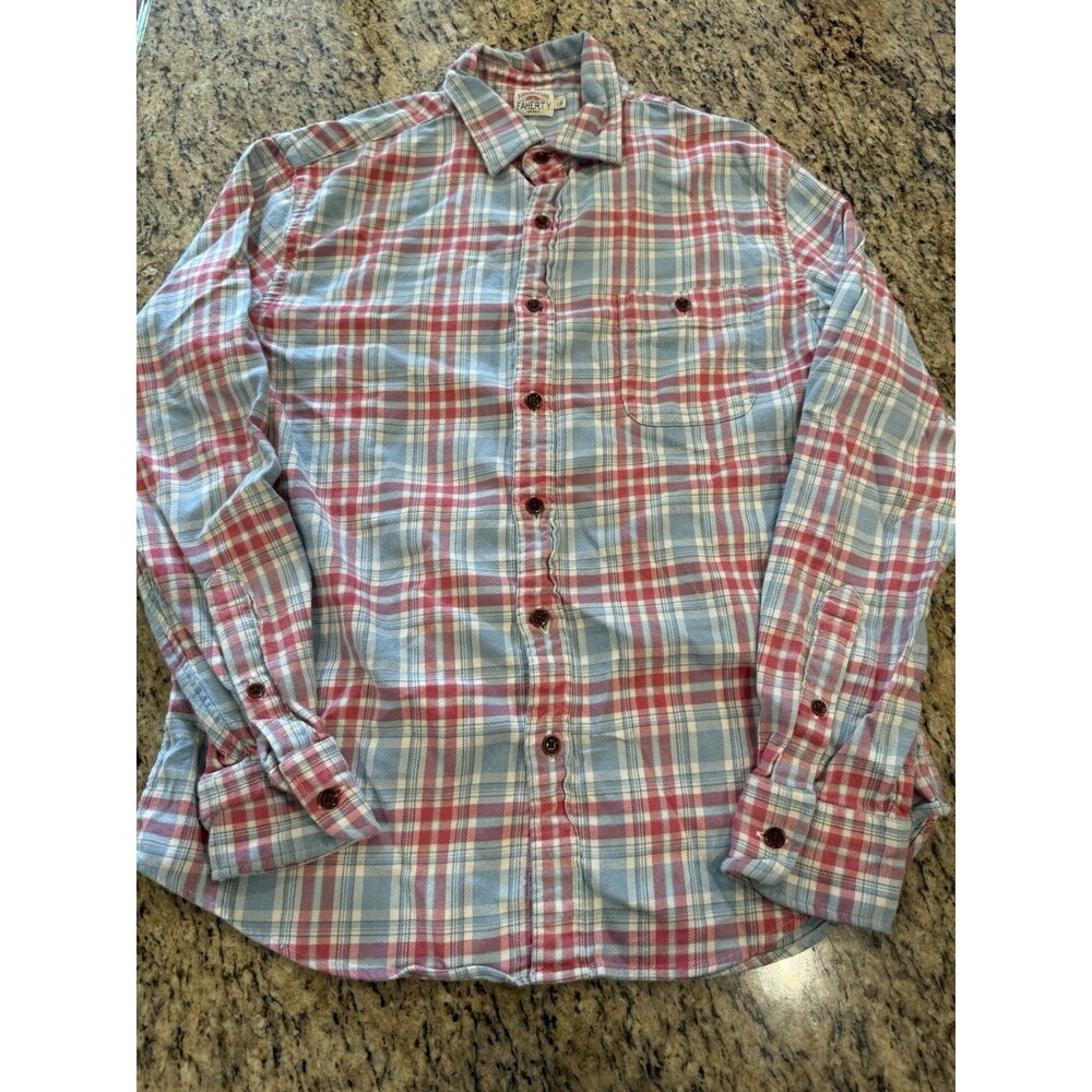 Faherty Men's Medium Brushed Flannel Shirt Button Up Pocket Plaid Blue Red Cabin